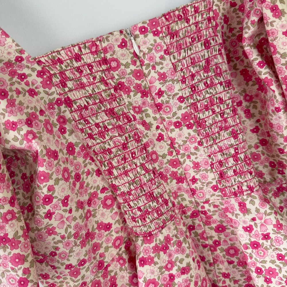 Amanda Uprichard Natasha Blouse Women L Pink Floral Puff Sleeve Peplum Smocked - Picture 6 of 12